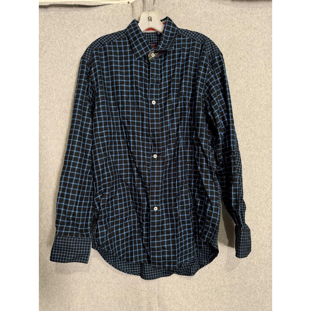 Robert Graham Shirt‎ Mens Large Blue Check Flip Cuff Button Front Long Sleeve